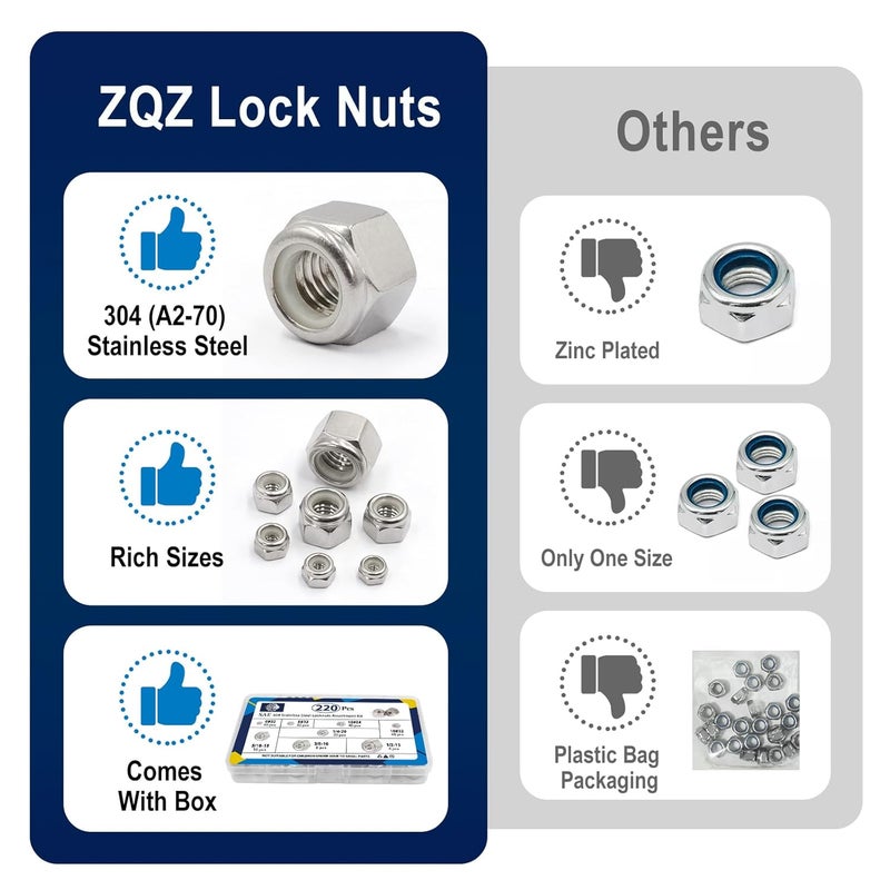 ZQZ 220 Pack SAE Nylon Insert Locknuts Assortment Kit,6#32 8#32 10#24 10#32 1/4"-20 5/16"-18 3/8"-16 1/2"-13 Nylock Nuts Sets,304 Stainless Steel Standard Inch Threaded Lock Nuts - Image 5